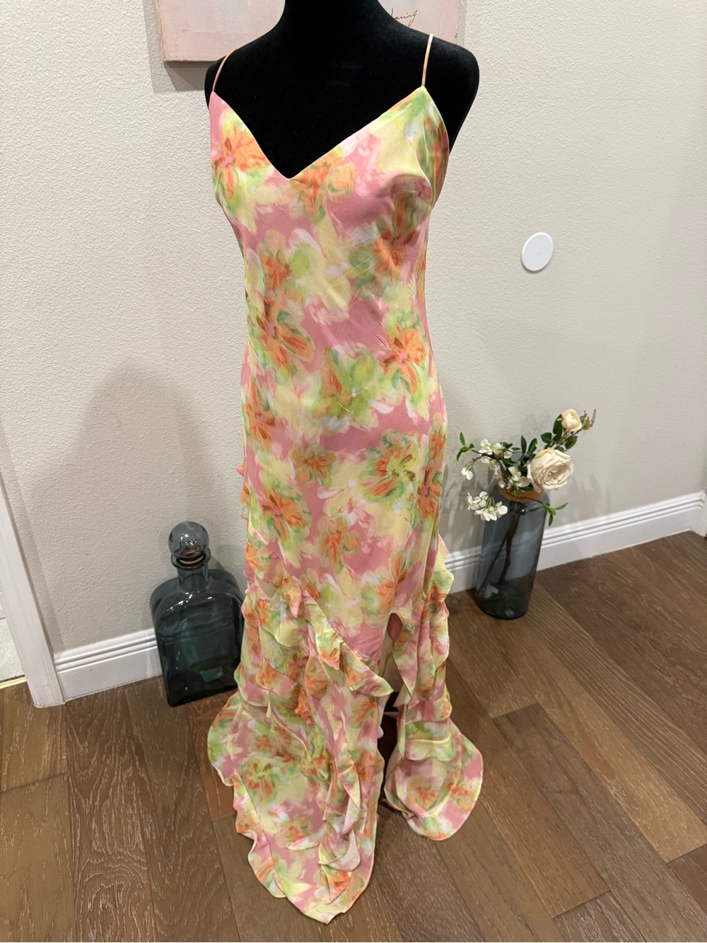 Bardot Pastel Floral Slip Maxi Dress with Ruffle Hem and Slit - Picture 4 of 16